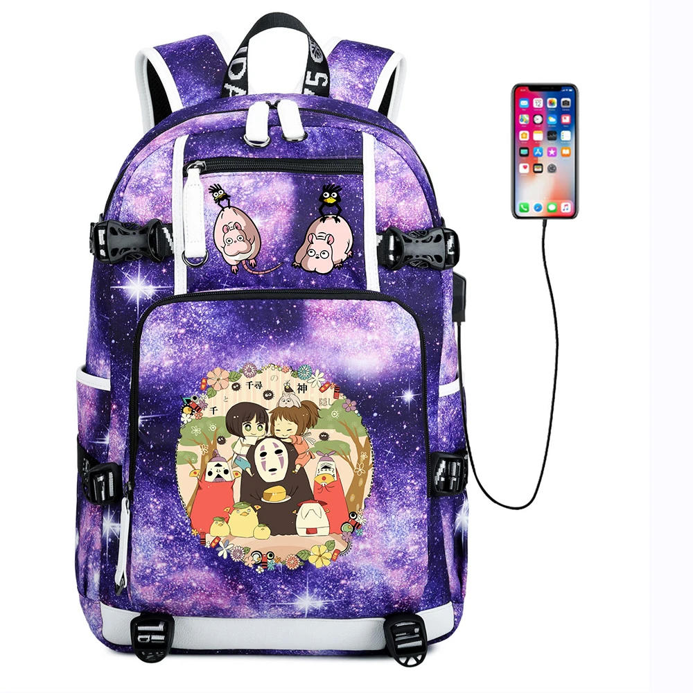 

Anime Spirited Away USB Charging Backpack Zipper Casual School Bag Canvas Shoulder Bag Mochila Laptop Bag Travel Bag Rucksack