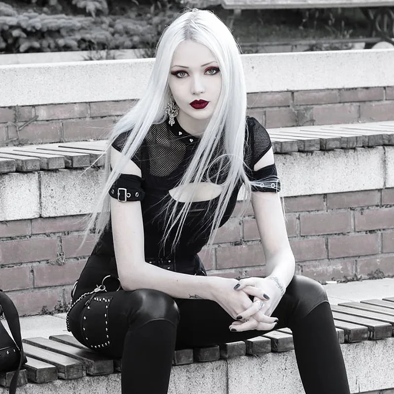 Женская футболка в сеточку Goth Dark элегантная черная блузка готическом стиле