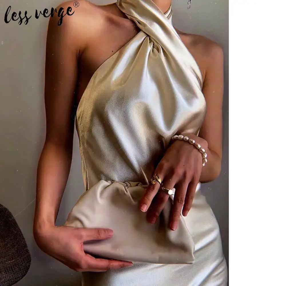 Lessverge Elegant Party Dress 2020 Spring Backless Women Sexy Club Bodycon Midi Halter Neck Solid Formal Long dress | Женская одежда