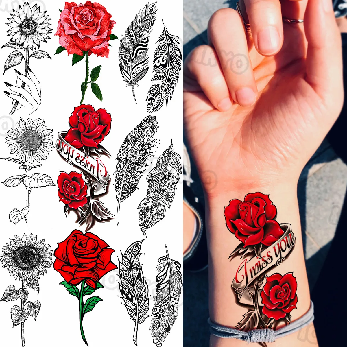 

Watercolor Rose Small Temporary Tattoos For Women Girls Realistic Feather Sun Flower Fake Tattoo Sticker 3D Forearm Tatoos Legs