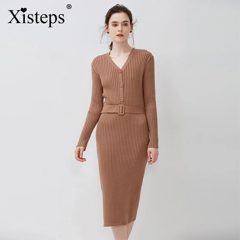 

Женское однобортное платье-свитер Xisteps, длинное платье с V-образным вырезом, элегантное облегающее офисное платье для женщин
