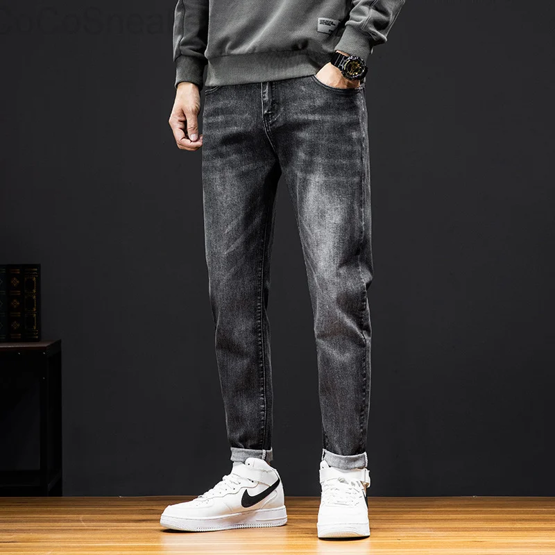 

Эластичные мужские брюки, большие толстые, модные джинсы свободного покроя с маленькими штанинами, на осень