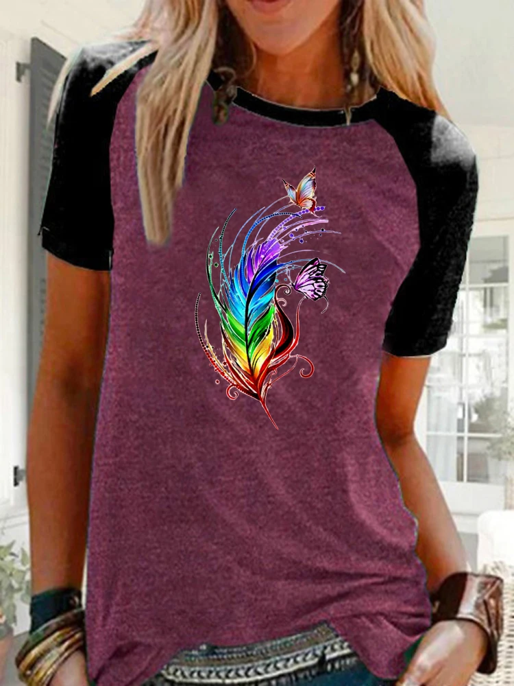 

Women's Summer Fashion Feather Printed Casual Shirt Plus Size Short Sleeve T-shirt Ladies Round Neck Raglan Blouse Tops