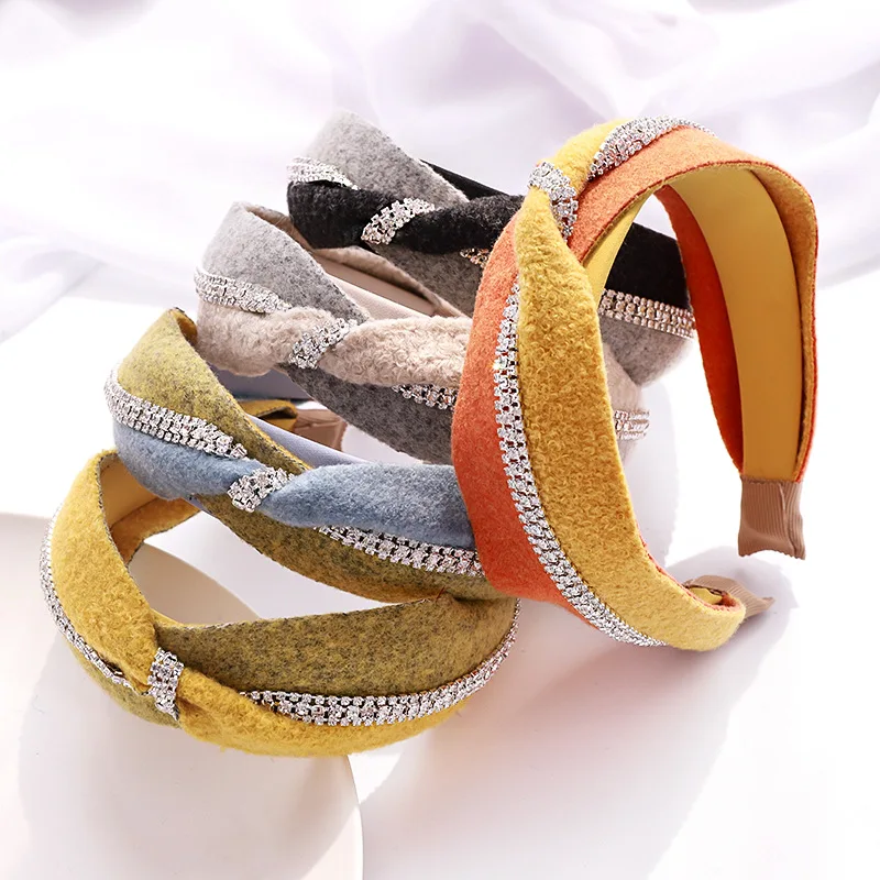 

2020 Vintage Wool Rhinestone Bezel Hair Band Women Cross Headband Winter Hair Clips Girls Hair Accessories opaska do wlosow