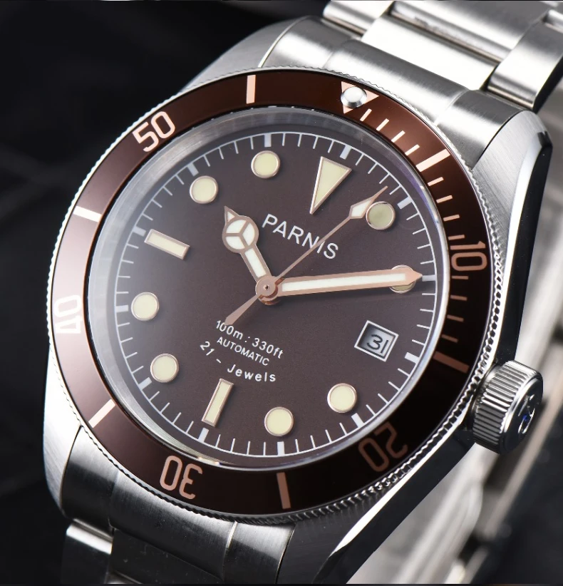 

41mm Parnis Luxury Brand Miyota Automatic Watch brown bezel Stainless Steel Luminous Sapphire Crystal Men's Mechanical Watch