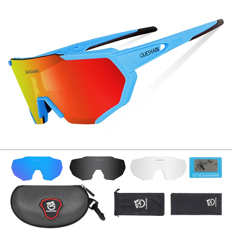 4 Lens Blue Red QUESHARK, дизайн, очки для велоспорта для мужчин и женщин,, полностью покрытые линзы, UV400, поляризационные, 3 или 4 линзы, всего - Цвет: 4 Lens Blue Red