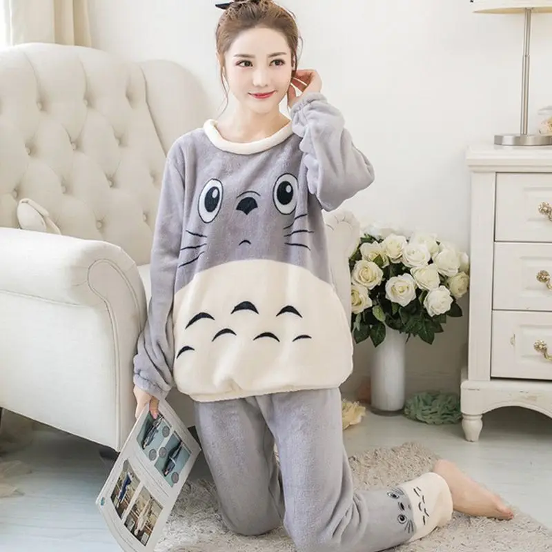 

Женская Фланелевая пижама с героями мультфильмов, теплый топ комплект сексуальной пижамы, Женский пижамный комплект с героями мультфильмо...