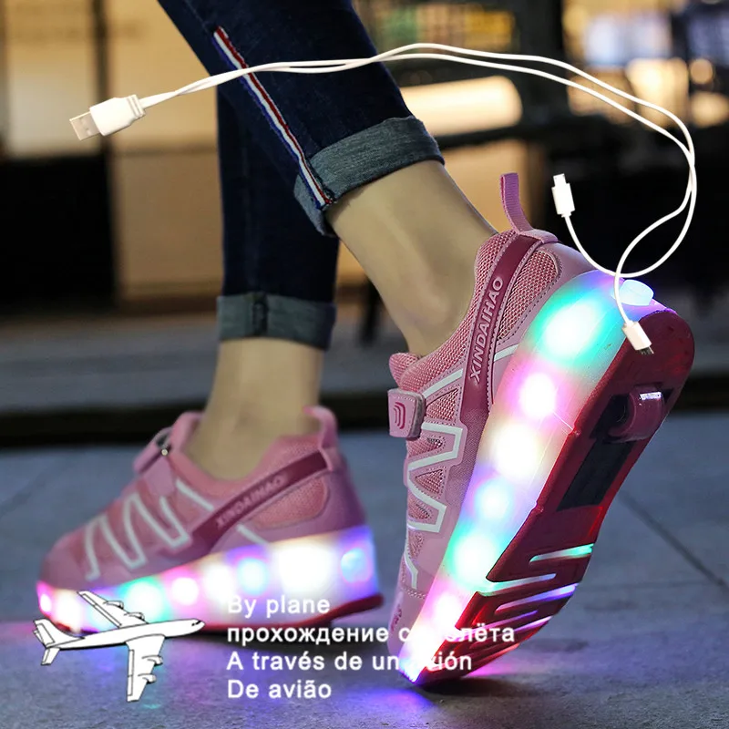 

28-40 Pink Black USB Charging Fashion Girls Boys LED Light Roller Skate Shoes For Children Kids Sneakers With Wheels One wheels