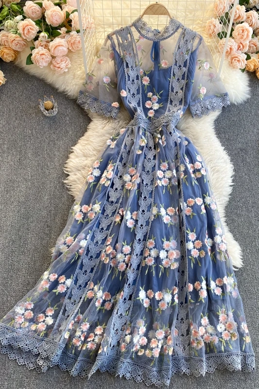 

Fairy Holiday Party Formal Dress Women's 2021 New Round Neck Short Sleeve Mesh Print Embroidery Slim Waist Robe Midi Dress Boho