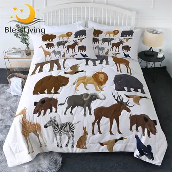 BlessLiving Animal Bedding Queen African Wildlife Air-conditioning Comforter for Kids White Quilt Set Giraffe colcha verano 3pcs 1