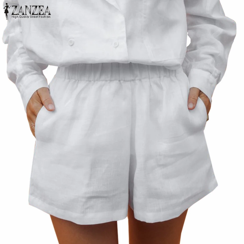 

ZANZEA Women Summer Elastic Waist Wide Leg Shorts Casual Shorts Beach Hot Pants Trousers Pantalon Plus Size Cotton Linen Shorts