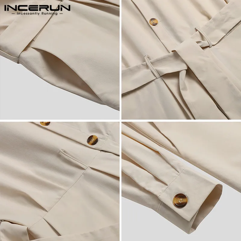 

Men Jumpsuits Solid Color Buttons Cargo Overalls INCERUN Vintage Man Long Sleeve Lapel Rompers Stylish Loose Casual Pants S-5XL