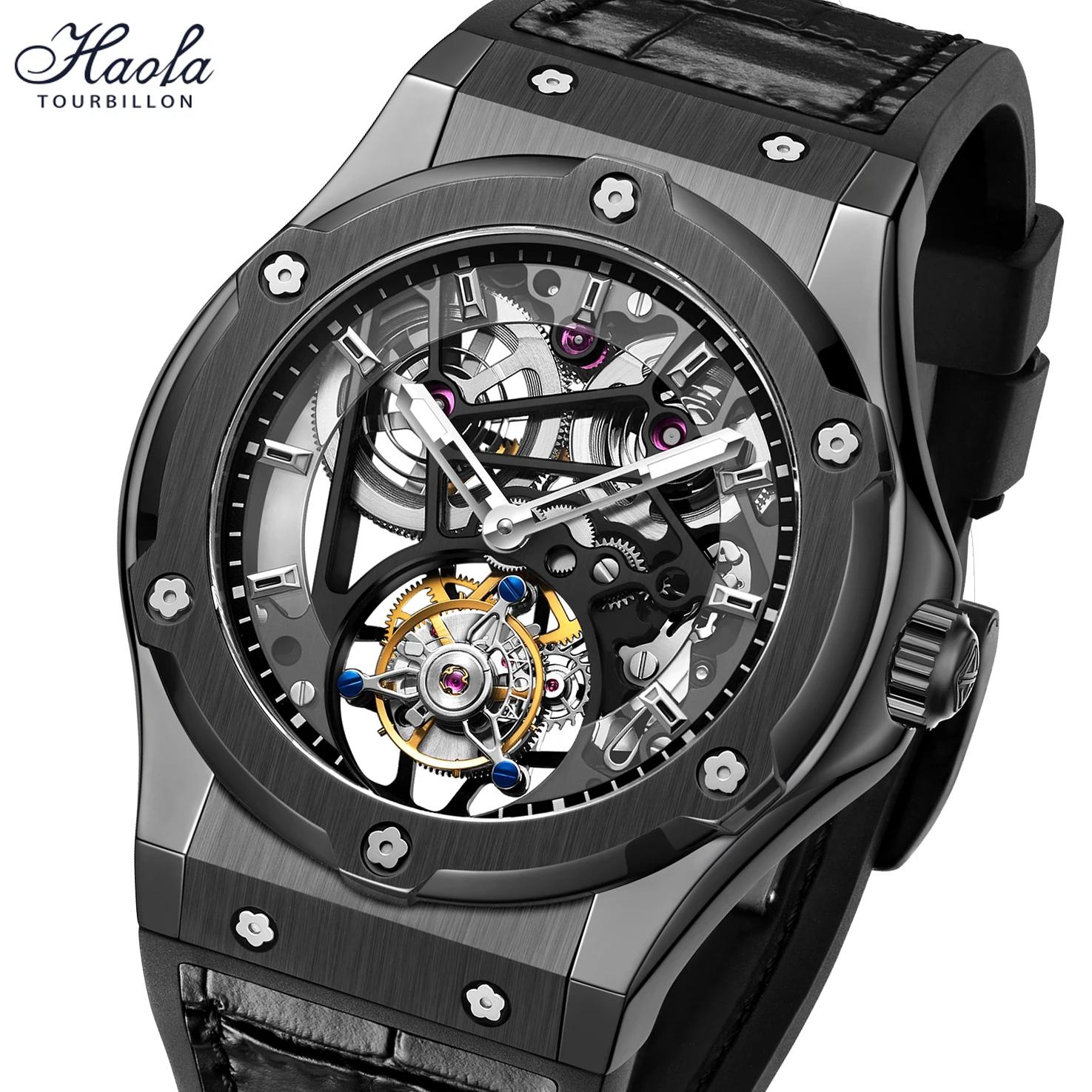 HAOFA Luxury Skeleton Tourbillon Movement Watch For Men Black Mechanical Sapphire Manual Tourbillon Wristwatches montre homme