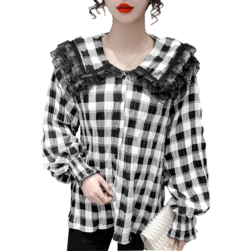 

Doll Collar Plaid Lace Shirt New 2021 Spring Long Sleeve Women's Blouse Shirt Elegant Slim Office Lady Tops Blusas