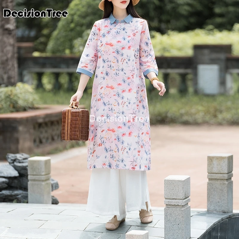 

Китайское традиционное женское платье Ципао из хлопка и льна, элегантное винтажное платье с цветочным принтом, костюм для танцев, 2021
