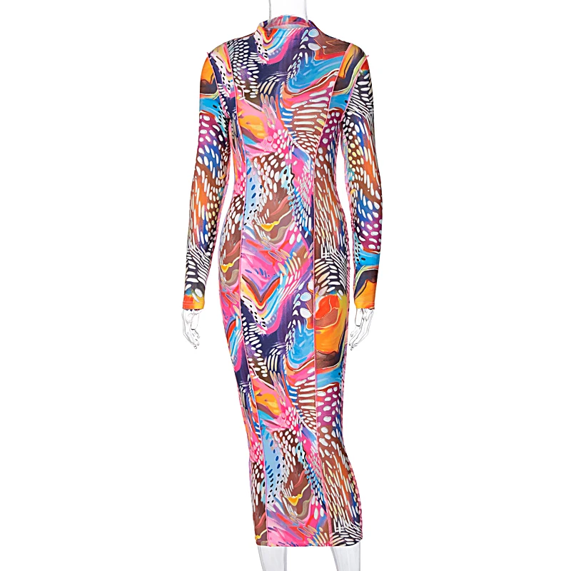 

Cutubly Long Sleeve Dress Vintage Print Sexy Bodycon Dress Women Fashion Maxi Dress Autumn Street Party Elegant Sexy Club Dress