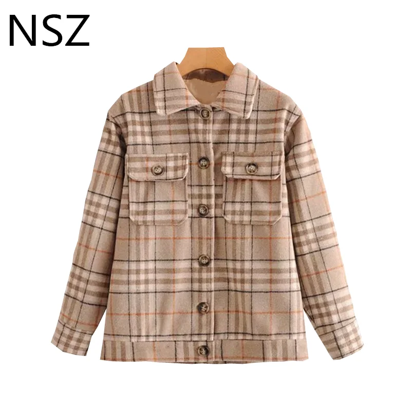 NSZ женское винтажное клетчатое шерстяное пальто с длинным рукавом шерстяная в