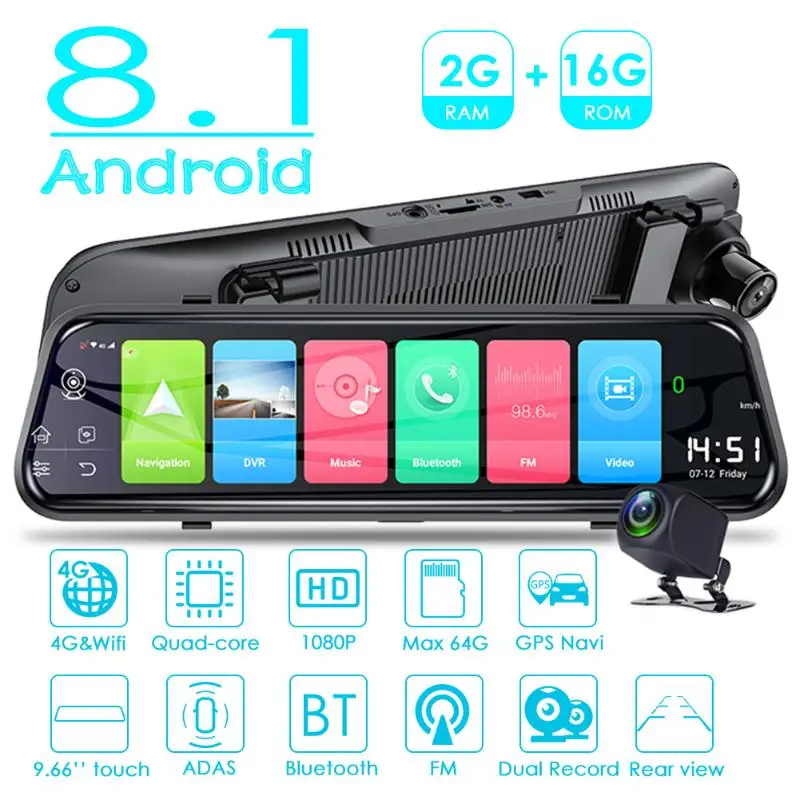 4G Android 8 1 Автомобильный видеорегистратор заднего вида с широким спектром