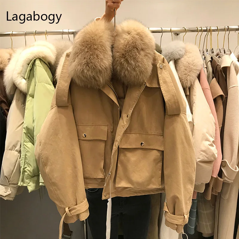 

Lagabogy 2021 Real Fox Fur Collar Winter 90% White Duck Down Coat Women Loose Thick Parkas Female Vintage Pocket Puffer Jacket