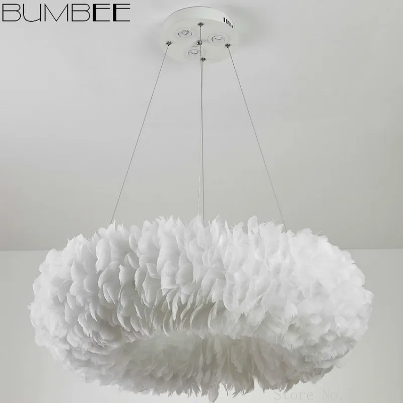 Скандинавская подвесная лампа с перьями романтическая теплая люстра для спальни