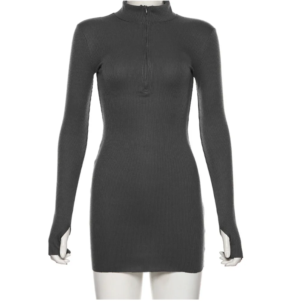 

NEW Macheda Autumn Winter Stretch Slim Soft Ribbed Knitted Turtleneck Dress Woman Fashion Solid Black Casual Bodycon Zip Dress