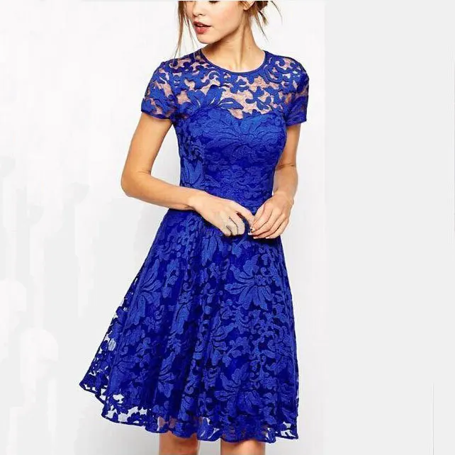 

2021 Summer Ladies Cheap Dress New Temperament Fashion Round Neck Short Sleeve Blue Lace Dress
