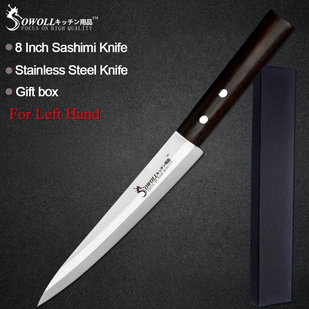 Sowoll Stainless Steel Left Hand Sashimi Fish Knife Japanese Style Sushi Meat Sharp Blade Color Wood Handle Cooking Knife