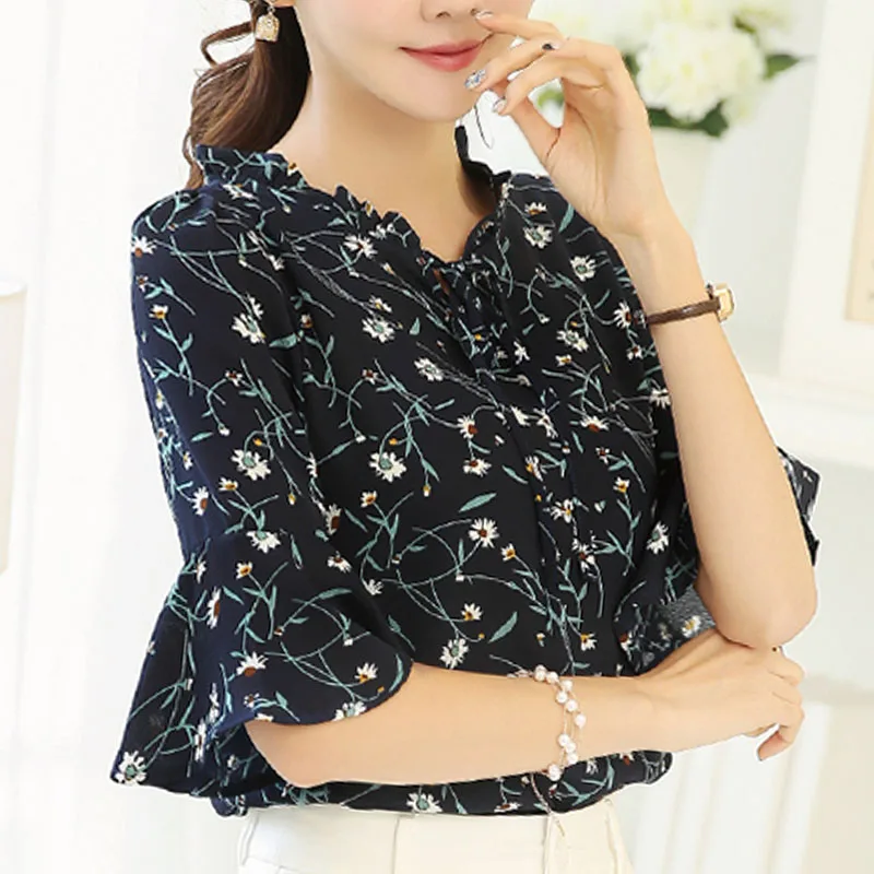 Блузка женская шифоновая с цветочным принтом модный топ и блузка коротким