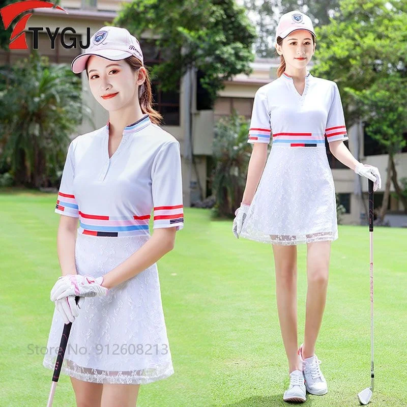 

Ttygj Female V-Neck Lace Golfing Dress Girl’S Slim-Fit Golf Skirt High Waist Short-Sleeved Dresses Women Striped Sport Clothes