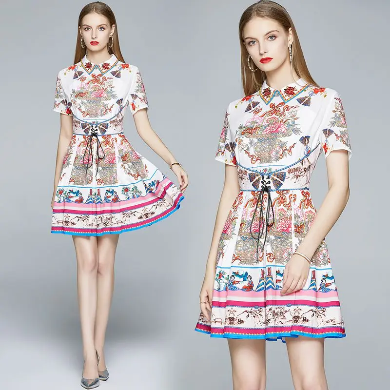 

Tight bandage 3D printing lapel summer women's satin dress 2020New short-sleeved fashion temperament women's summer dress Bing