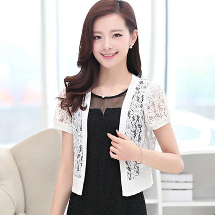 white 2-short sleeve Женское базовое пальто Летний стиль Женская перспективная шаль модное кружевное болеро пальто с коротким рукавом женские куртки - Цвет: white 2-short sleeve