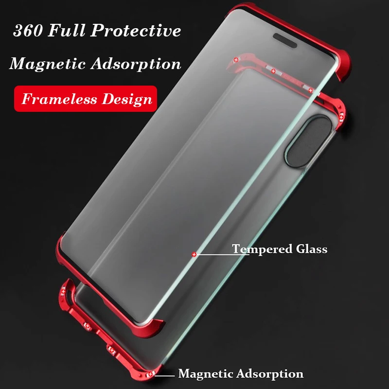 Double Sided Glass Magnetic Hybrid Case For iphone X XS MAX XR 10 6 7 8 6S Plus Borderless Frameless Glazing Flip 360 Full Cover |