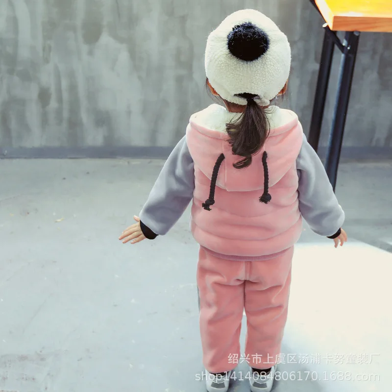 Baby Boys Girls Warm Set Winter Cartoon cat Kids Thickening Hooded Vest+Sweater+Pant Three-piece Sport Suits Children Clothing