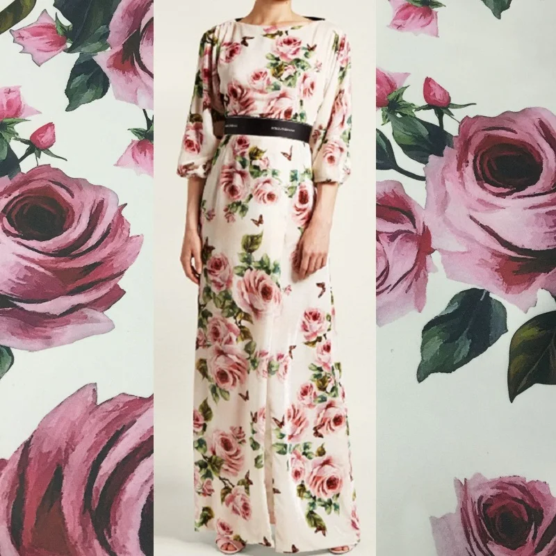 Стрейчевая атласная ткань для платьев искусственный шелк ручная роспись большой