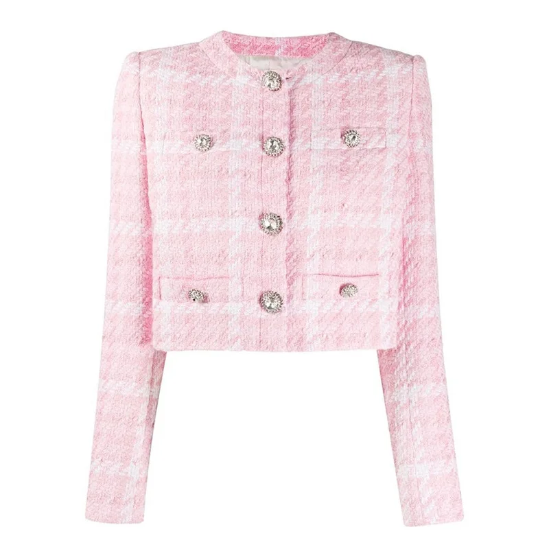 

The new 2020 autumn/winter high order fabrics studded diamond buttons small fragrance wind pink plaid woollen jacket small coat
