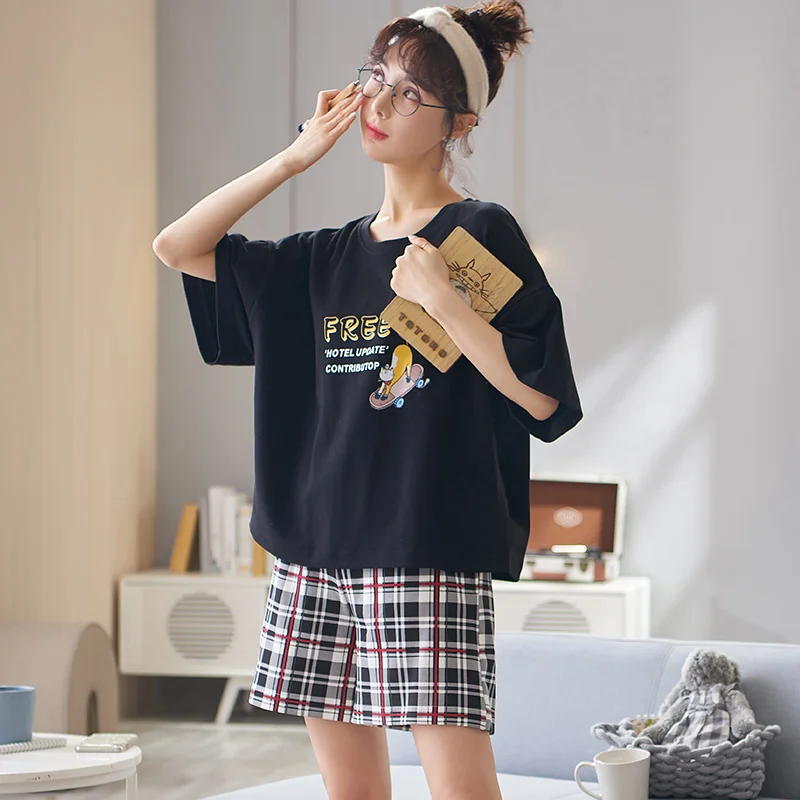 

ATUENDO Summer Fashion Black Pajama Sets for Women 100% Cotton Korean Solid Soft Nightwear Atoff Home Satin Silk Sleepwear Suit