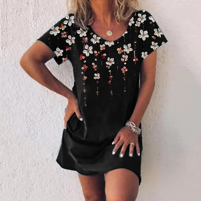 

Robe imprimee ample a manches mi-longues col en V mode femme Grande Taille FEMMES T-shirt Robe 2021 ete Retro Imprime Floral