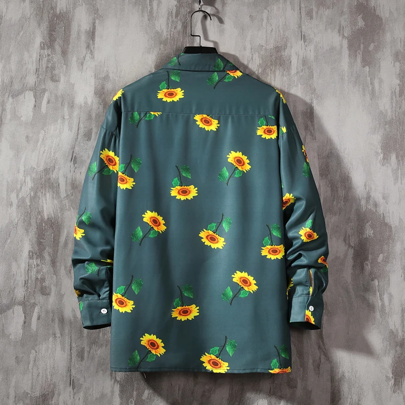 Мужские рубашки с принтом подсолнухов разноцветные свободные на пуговицах