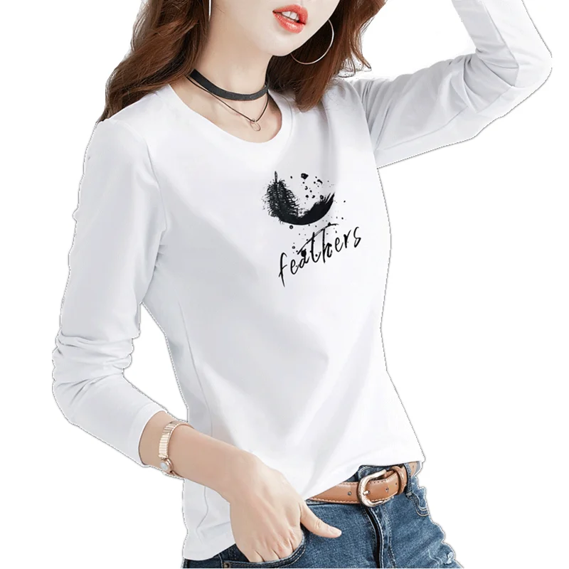 

LUKAXSIKAX 2020 New Spring Autumn Women Long Sleeve T-shirt High Quality Fashion Feather Print Cotton T-shirt Women Tops
