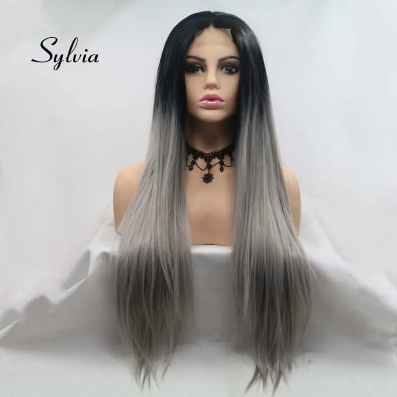Sylvia натуральный черный до серый два тона Омбре длинные шелковистые прямые волосы U часть синтетические парики шнурка Жаростойкие Волокна волос парик
