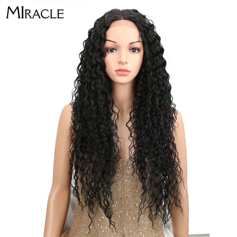 

Miracle Heat Resistant Synthetic Wigs For Black Women Kinky Curly Lace Wigs 30" Ombre Blonde Natural Lace Front Wig Middle Part