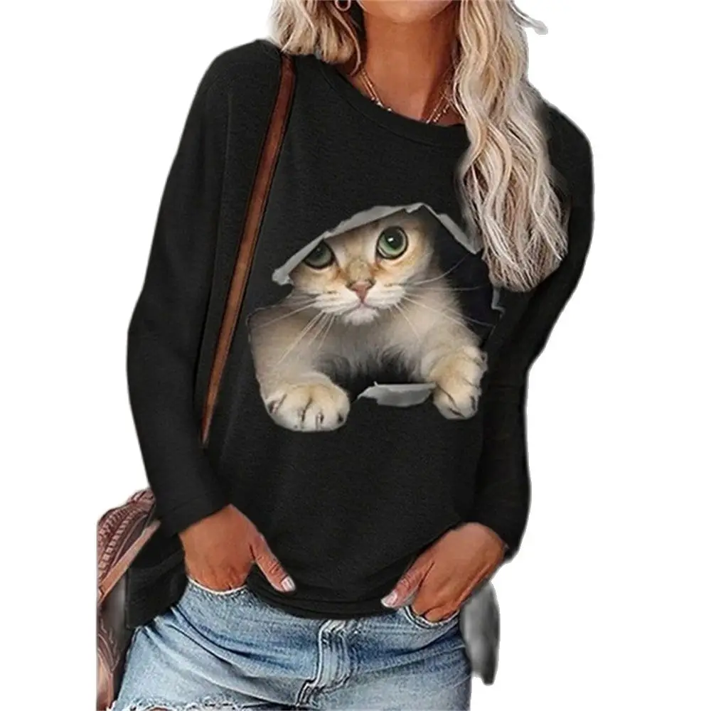 

2021 Fashion Women Round Neck Pullover Cat Printed Long Sleeve T-Shirt Autumn Cotton Long Ladies Casual Loose Vintage Street Top