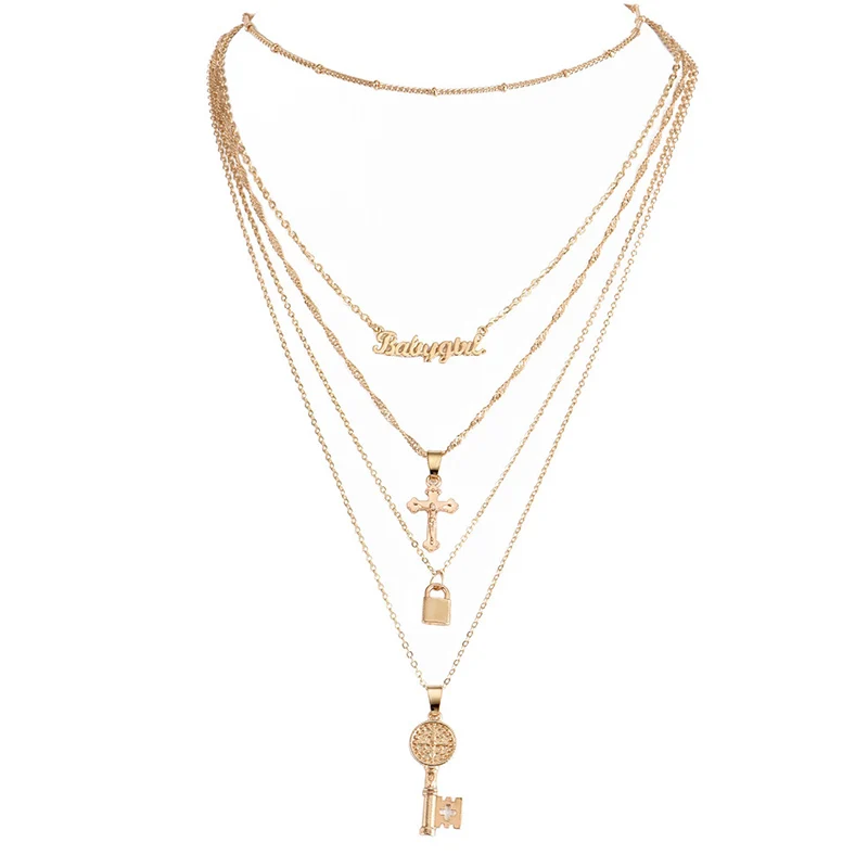 Богемное многослойное женское ожерелье-цепочка с замком-крестом | Женская одежда