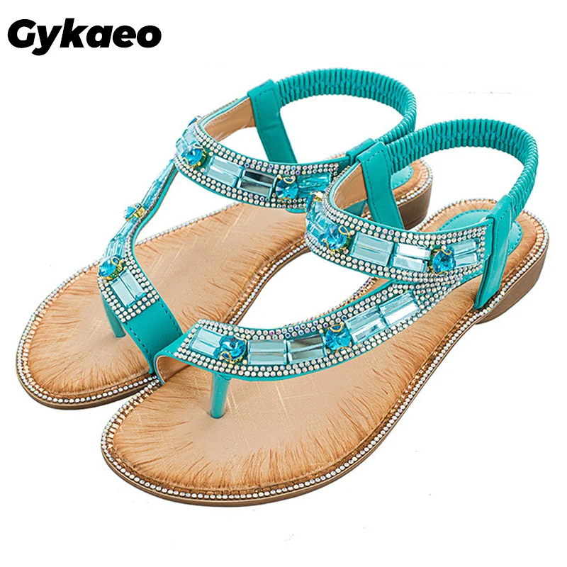 

Gykaeo Ladies Summer Shoes Bohemian Style Blue Red Fashion Sandals Women Lattice Stripe Flat-soled Beach Shoes Zapatos De Mujer