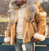 upgrade thickened explosion single mens imitation leather plush fur one piece large wool collar long sleeve coat