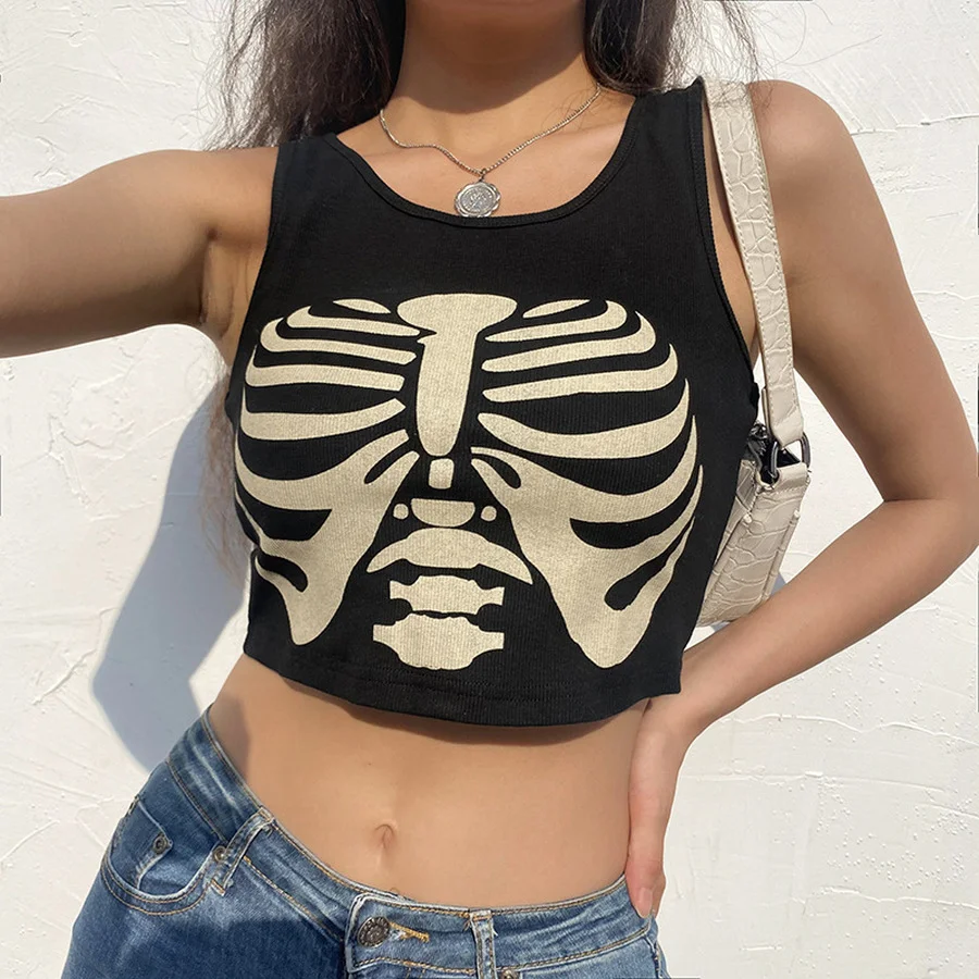 

Hot Women Pinted Knitted Crop Top y2k Aesthetic Camis Goth Black Corset Top Woman Harajuku Tee Vintage Fashion Sweats Streetwear