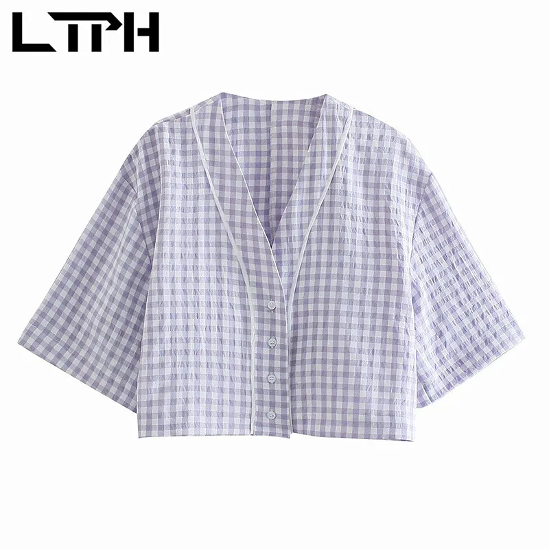 

LTPH vintage casual V-neck short sleeve checkered shirt single-breasted loose women shirts blouses thin tops 2021 summer new