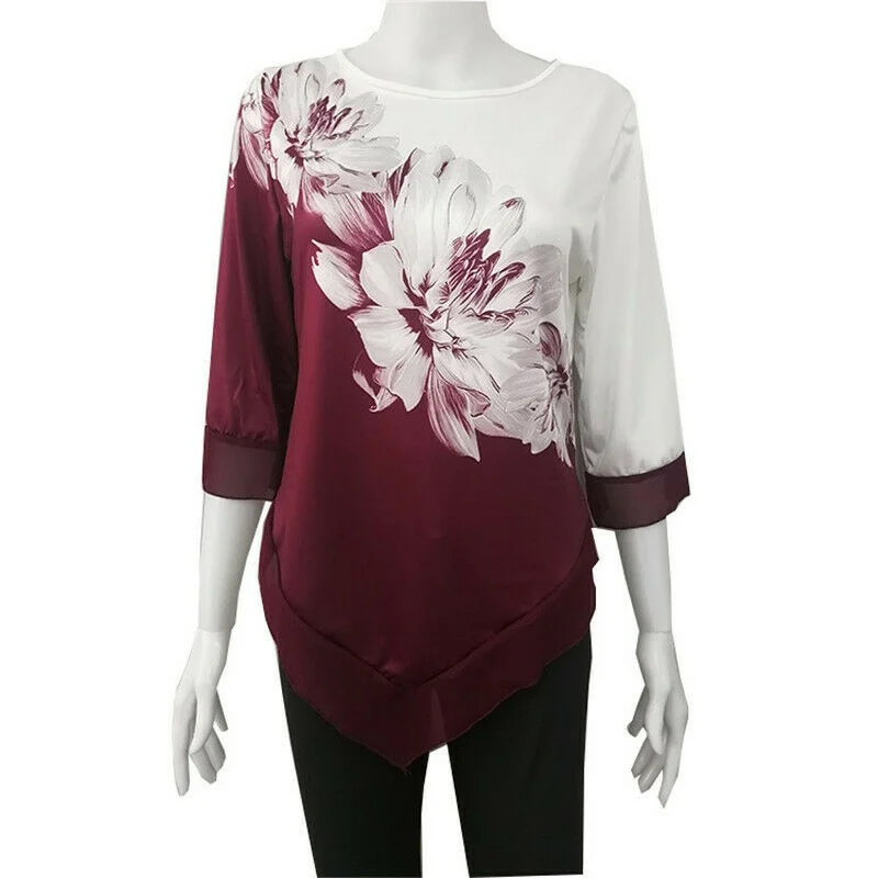 

T-Shirt Blouse Ladies Irregular Casual Loose Long Sleeve Floral Tops Womens Tee