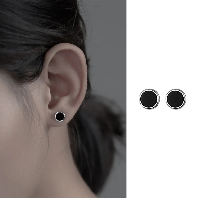 

Real 925 Sterling Silver Simple Black Round Stud Earrings for Women Men Unisex