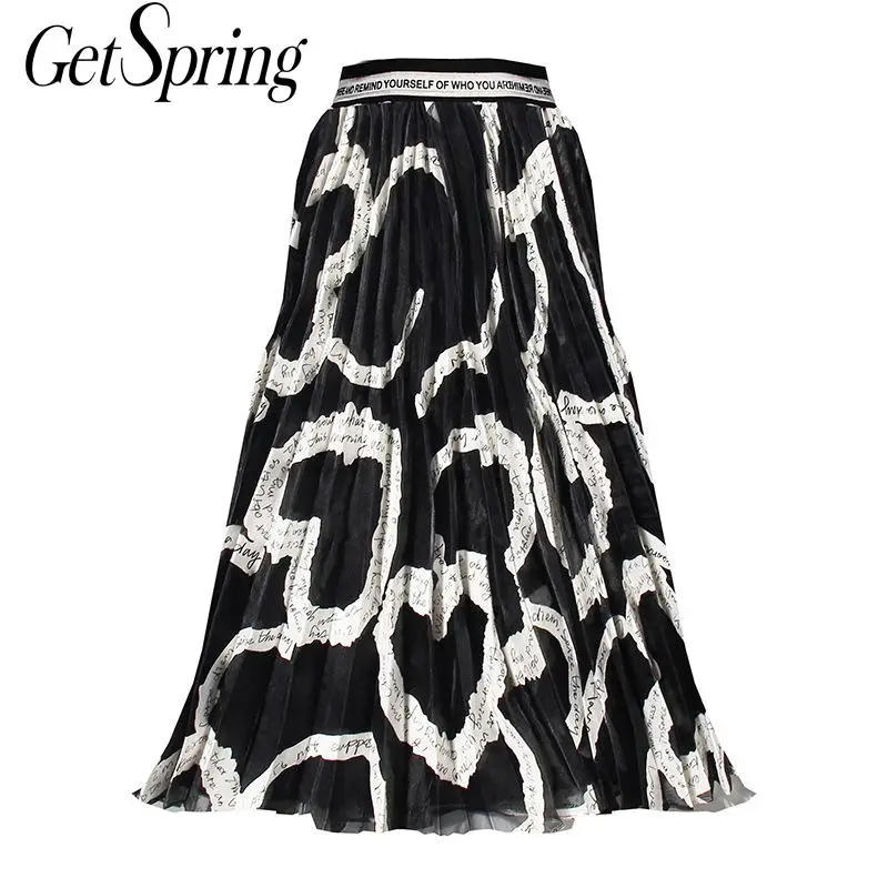 

Getspring Women Skirt Letter High Waist Pleated Long Skirts Womens Black White All Match Vintage Sexy Summer Skirts 2020 New